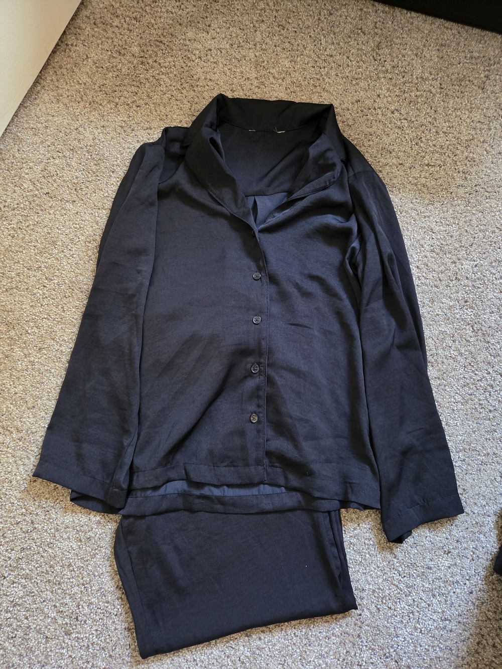 Women's Satin Black Pajama Set - Button-Front Long Sleeve Top & Pants